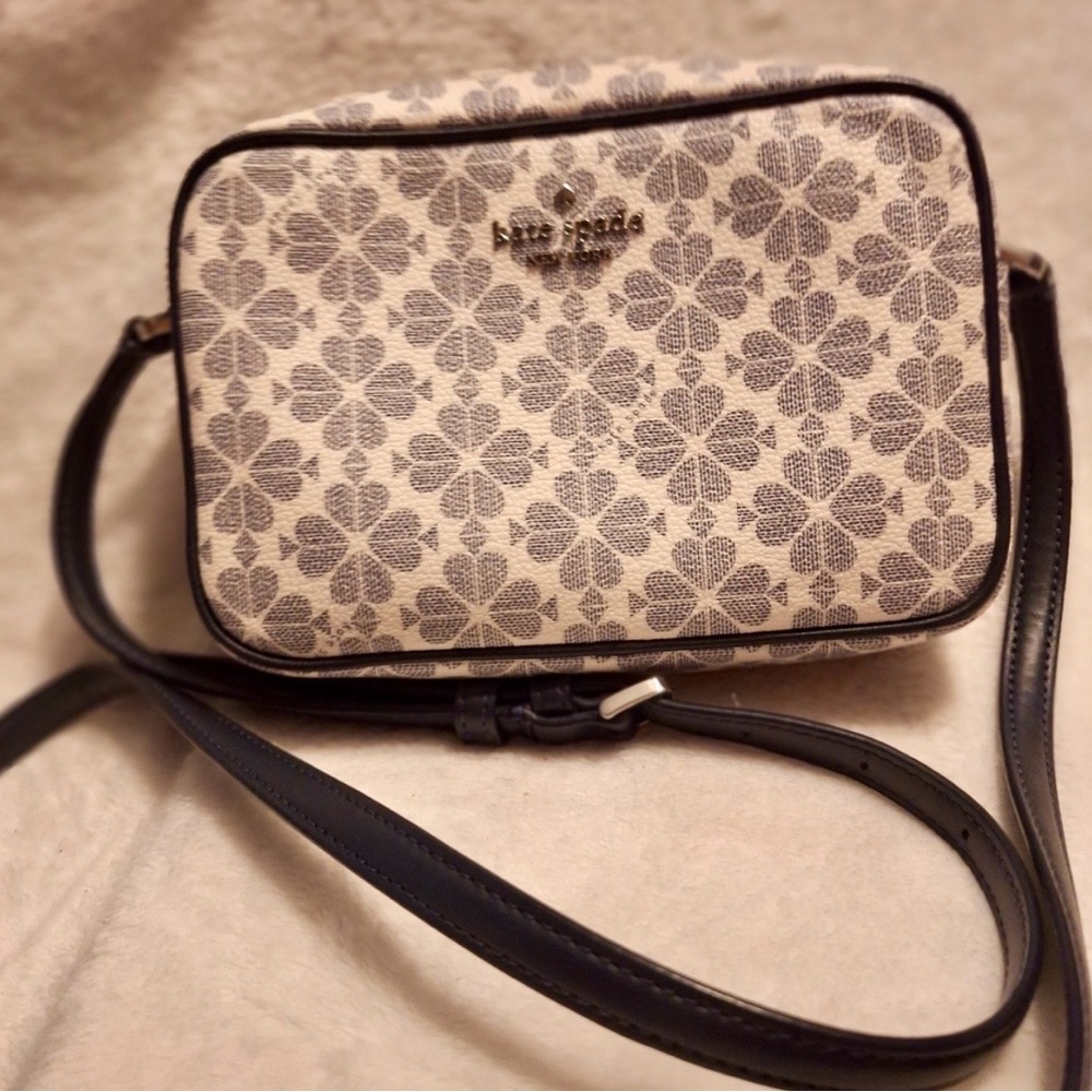 kate spade Cream Crossbody with Gray Blue Floral Logo Pattern